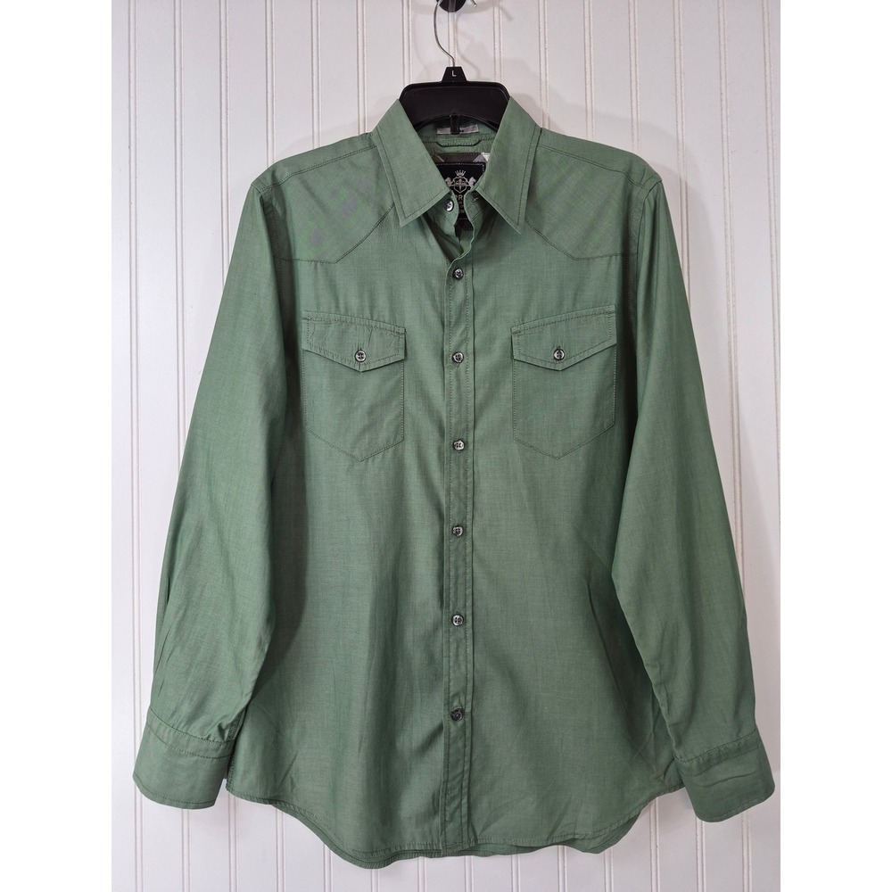 NWOT Express Mens Fitted Western Button Down Shirt Olive Green Long Sleeve Med